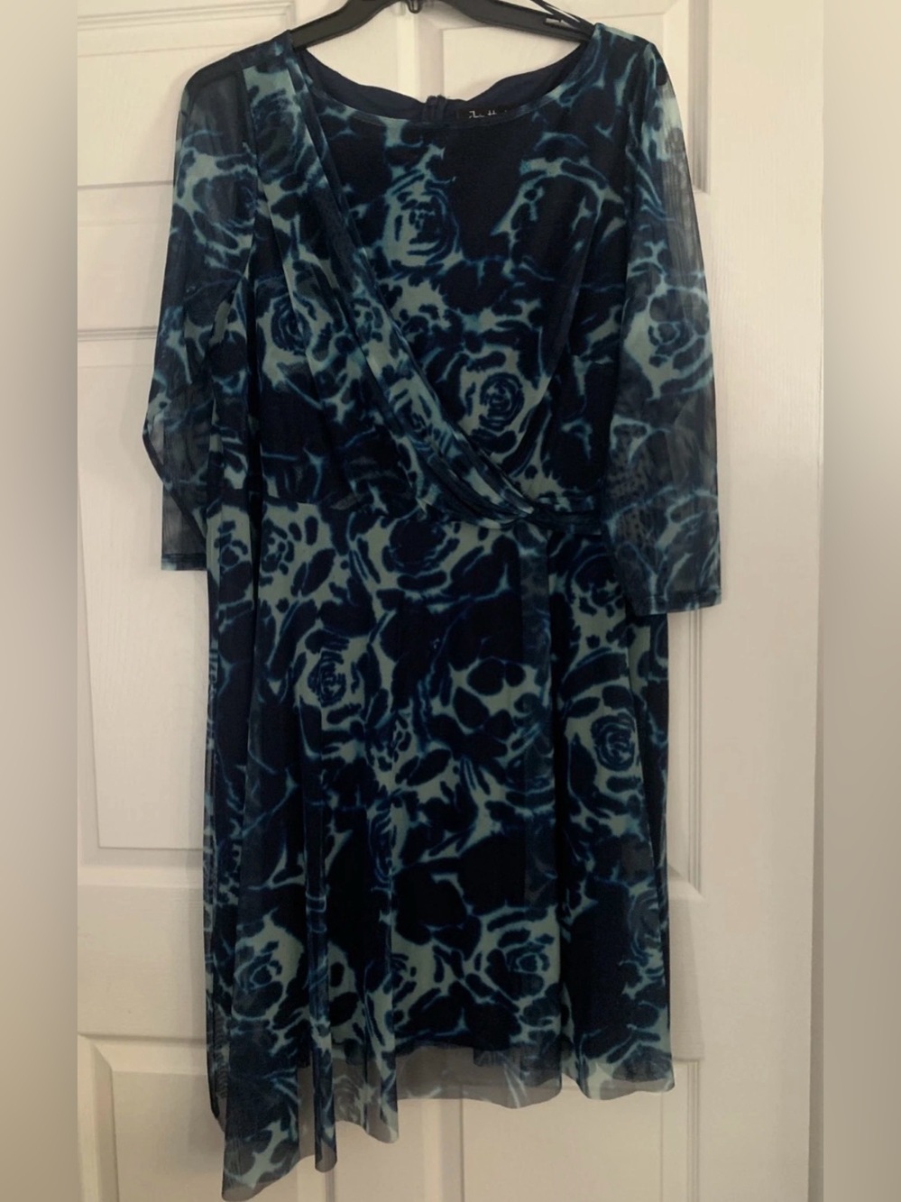 NEW Plus Size Jessica Howard Mesh Twist-Waist 3/4-Sleeve Dress Teal $128 - Picture 3 of 5